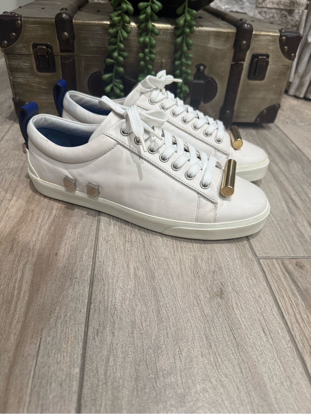 Stuart Weitzman Galaxy Aoki White Leather Sneakers ,silver and gold detailing